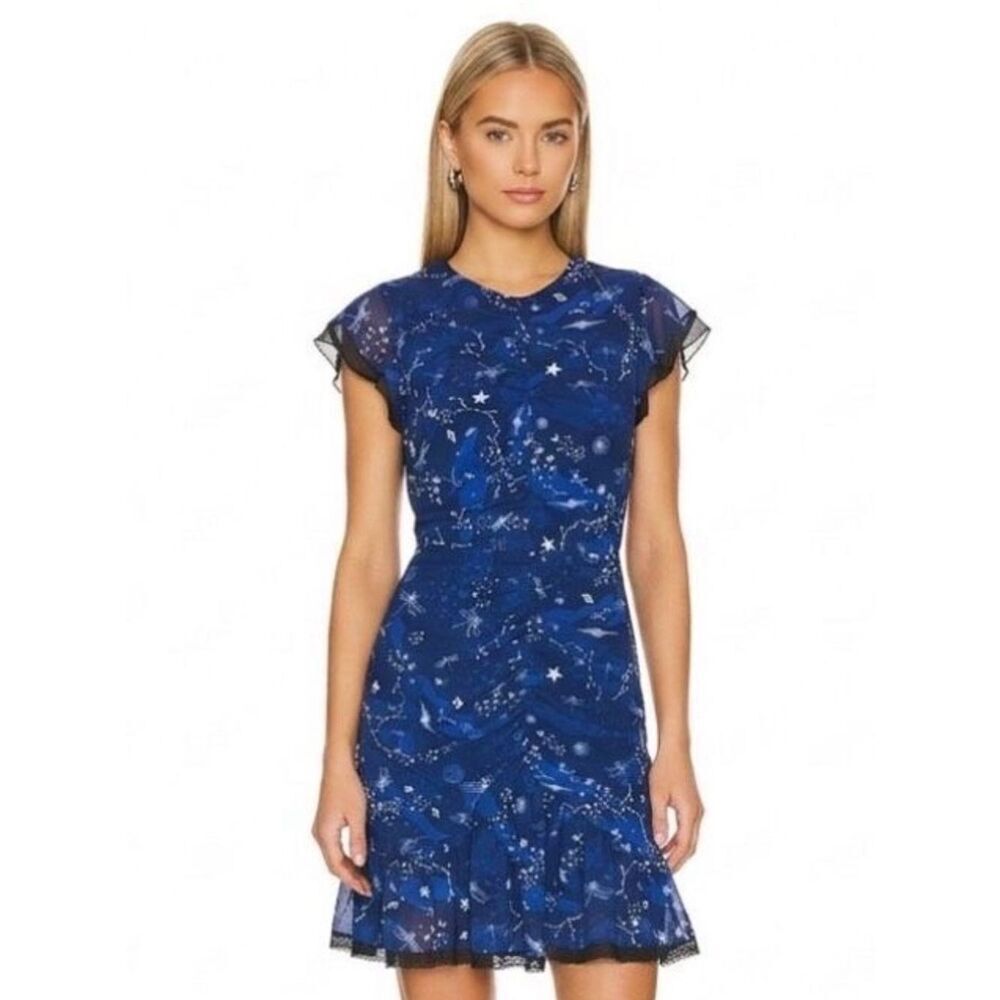 Three Floor Afterglow Blue Celestial Star Open Back Ruched Whimsigoth Dress 10